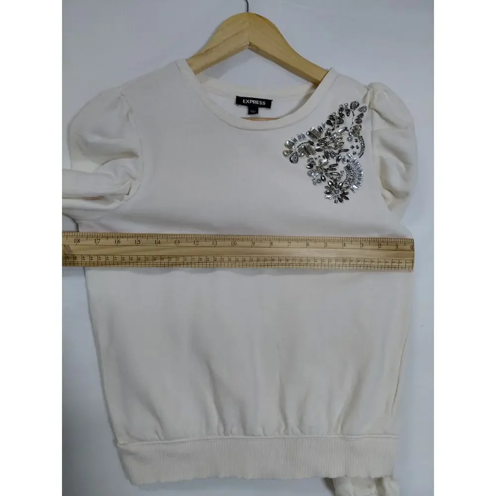 Express Puff Sleeve Rhinestone Beaded Shoulder Knit Sweater Women Size S